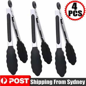 4PCS 9'' Black Kitchen Tongs Premium Silicone BPA Free Non-Stick Stainless Steel - Picture 1 of 12