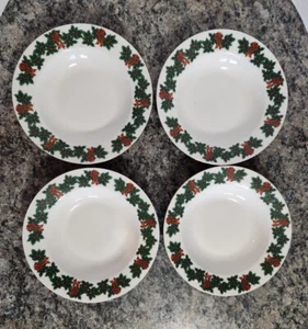 4 Libbey Holiday Tableware 8 1/2" Soup Bowls Gold Rim Holly Ribbons Set of 4 - Picture 1 of 12