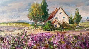 Textured landscape oil painting with cottage Impressionist style countryside art - Picture 1 of 10