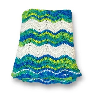 Handmade Vintage Ripple Baby Crochet Blanket Chevron 48x62 Blue Green White - Picture 1 of 12