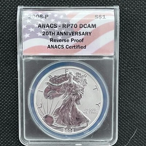 2006 P SILVER EAGLE RP70 ANACS REVERSE PROOF  20TH ANNIVERSARY  FLAG #329 - Picture 1 of 6