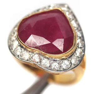 Heated 12 X 13 mm. Red Ruby & White Zircon Ring Silver 925 Sterling Size 5.5 - Picture 1 of 5