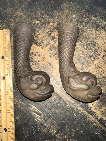 2 Antique Victorian Cast Iron Table Piano Stool Feet Fish Face Look! Cover