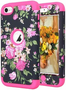 Für iPod Touch 5. 6. 7. Gen - Hart Hybrid Rüstung Schlaghülle rosa schwarz Blume - Bild 1 von 5