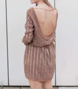 NWT SARA BOO BEIGE NUDE SEQUINS AND BEADED OPEN BACK CHIFFON DRESS XS (0 2) - Picture 1 of 10