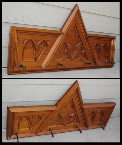 Antique Pine Gothic Coat Rack Cathedral Arches AA Architectural Salvage Pediment Cover
