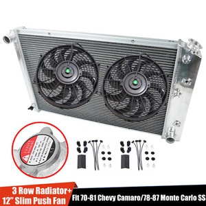 3 ROW ALUMINUM RADIATOR+2X 12" SLIM FAN FOR 70-81 CHEVY CAMARO 78-87 MONTE CARLO - Picture 1 of 12