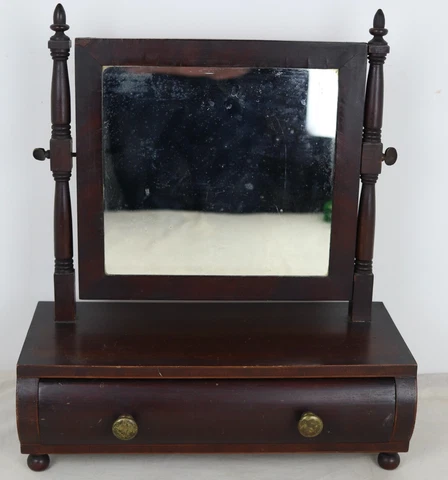 Antique 1800's Wooden Dresser Top Shaving Mirror Stand w/ Drawer - 18.5" x 16" Cover