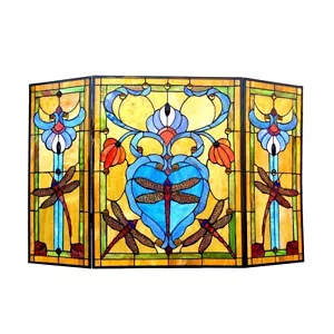 Fireplace Screen Tiffany Style Stained Glass 3 Section Dragonfly ONE THIS PRICE - Picture 1 of 2