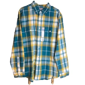 NWT Falls Creek Men's Teal Yellow Plaid LS Flannel Shirt Size L Super Soft - Picture 1 of 9