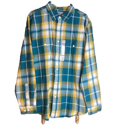 NWT Falls Creek Men's Teal Yellow Plaid LS Flannel Shirt Size L Super Soft - Image 1 of 4
