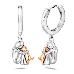 925 Sterling Silver Two Tone (Rose) Cuddling Dog Drop Earrings in Gift Box - Picture 1 of 4