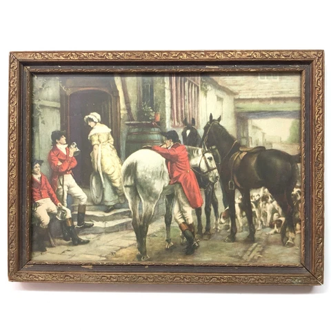 Antique Mercury Glass Mirror Litho Print Fox Hunting Equestrian Double Sided Vtg Cover