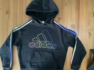 Adidas Crop Top Hoodie - Kids Large/Black - Stripes On Sleeves - Picture 1 of 4