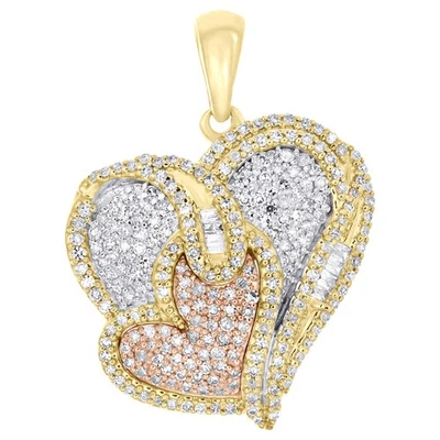 10K TriColor Gold Real Baguette Diamond Layer Charm Double Heart Pendant 0.55 CT - Image 1 of 4