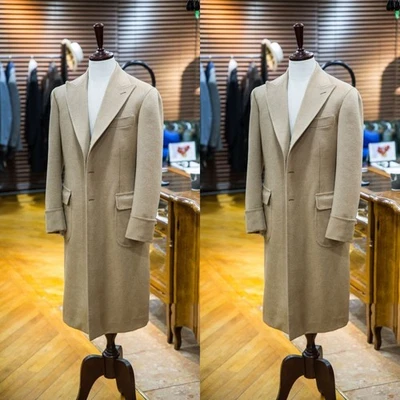 Khaki Men Long Overcoat Peak Lapel Wool Cashmere Winter Outwear Long Jacket - Image 1 of 4