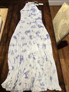 Z Supply White W/ Blue Tie-Dye Print, Halter-Neck Long Maxi Dress Size Large - Picture 1 of 13