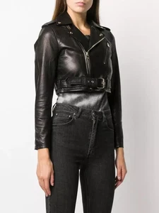 Chaqueta de cuero negra recortada suave real de motociclista para mujer 100 % piel de cordero motocicleta - Imagen 1 de 4