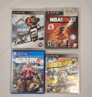 PS3 PS4 Game Lot of 4 – Skate 3, NBA 2K12, Borderlands 2, Far Cry 4 (PS4) Bundle - Image 1 of 4