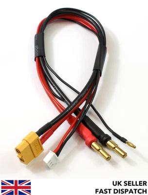 Long 300mm 2S balance charge cable XT60 female 2/4/5mm bullet/banana connectors - Image 1 of 3