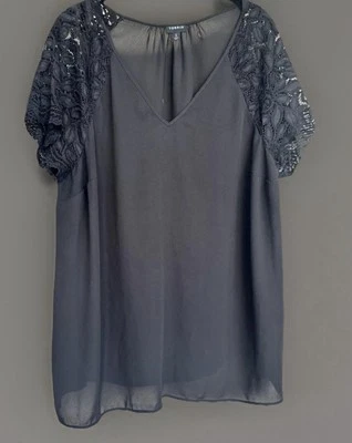 Torrid Semi-Sheer Black Pullover Short Flutter Lace Sleeve V-Neck Blouse 2X - Image 1 of 4
