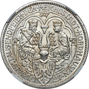 1927, Germany (Weimar). Silver 3 Mark "Nordhausen Millenium" Coin. NGC MS-63! - Picture 1 of 3