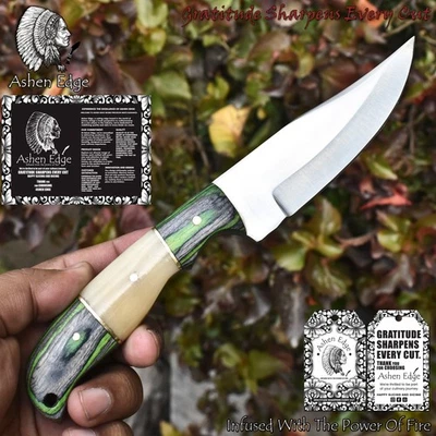 Cuchillo desollador hecho a mano Ashen Edge AUS-8 acero hueso y madera EDC Foto 1 de 4