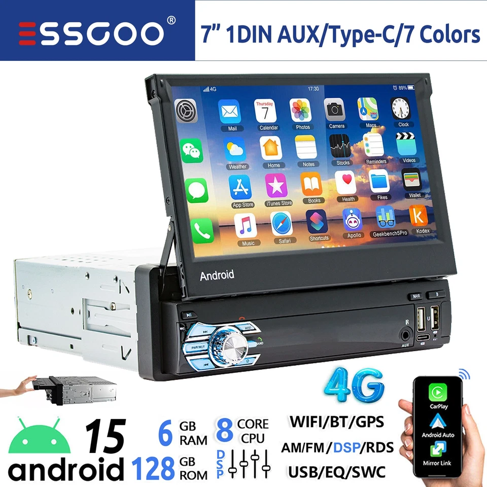 8-Kern 6+128G Android 15 Carplay Autoradio GPS Navi AM FM RDS Bluetooth 4G 1 DIN - Bild 1 von 4