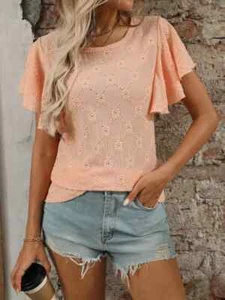 Women's Eyelet Round Neck Flutter Sleeve Top - 5 Colors - S-2XL - Picture 1 of 38