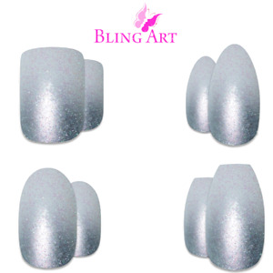False Nails Bling Art Silver Gel Ombre Medium Long White Tips With Glue