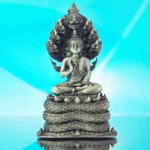 Thai Amulett Buddha Phra Kring Srisakkaya Muchalinda Nagaraj Echt Silber #07/99 - Bild 1 von 12