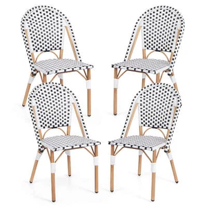 French Bistro Chair Set of 4 w/ Hand-woven Rattan Galvanized Metal Frame Outdoor - Picture 1 of 8
