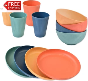 Tableware Sets, 12 Pcs Wheat Straw Dinnerware Set for 4, Reusable Cups Plates an - Picture 1 of 12