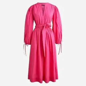 New J. Crew Tie Waist Poplin Dress V Neck Pink Easter Sz S $178 Style No. BK978 - Picture 1 of 8