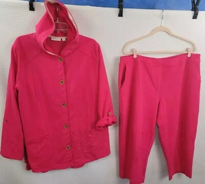 Susan Graver Bright Pink Weekend French Terry Button Hoodie & Crop Pants 1X NEW - Picture 1 of 14