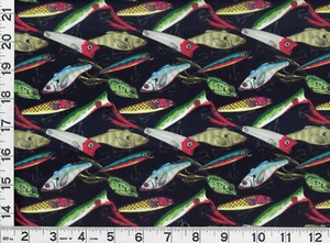 Red Green Silver Fishing Lures on Black Quilting Sewing Fabric by Yard #873 DP - Picture 1 of 1