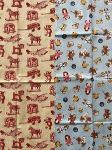 2 Fat Quarters Bundle Vintage Toys Dolls Wooden Horse Plane Quilting Fabric OOP - Picture 1 of 6