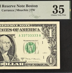 2017A $1 Federal Reserve Note PMG 35 - Near Solid Serial Number 33733333 - Picture 1 of 3
