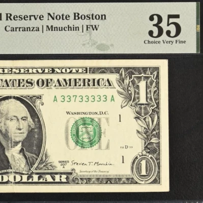 2017A $1 Federal Reserve Note PMG 35 - Near Solid Serial Number 33733333 - Image 1 of 3