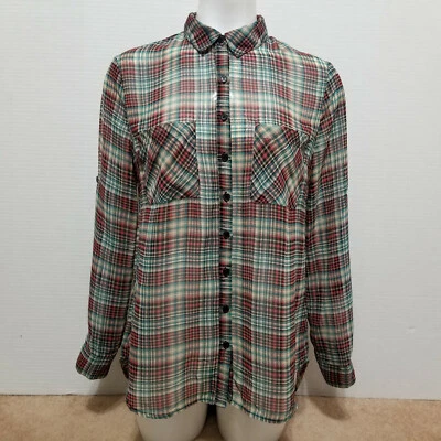 Xhilaration top XS plaid floral panel button up tab sleeve hi low semi sheer - Image 1 of 4