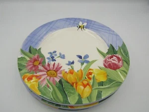 Harry & David Floral Plaid Tulip Bee Salad / Dessert Plate - Set of 3 - Picture 1 of 4