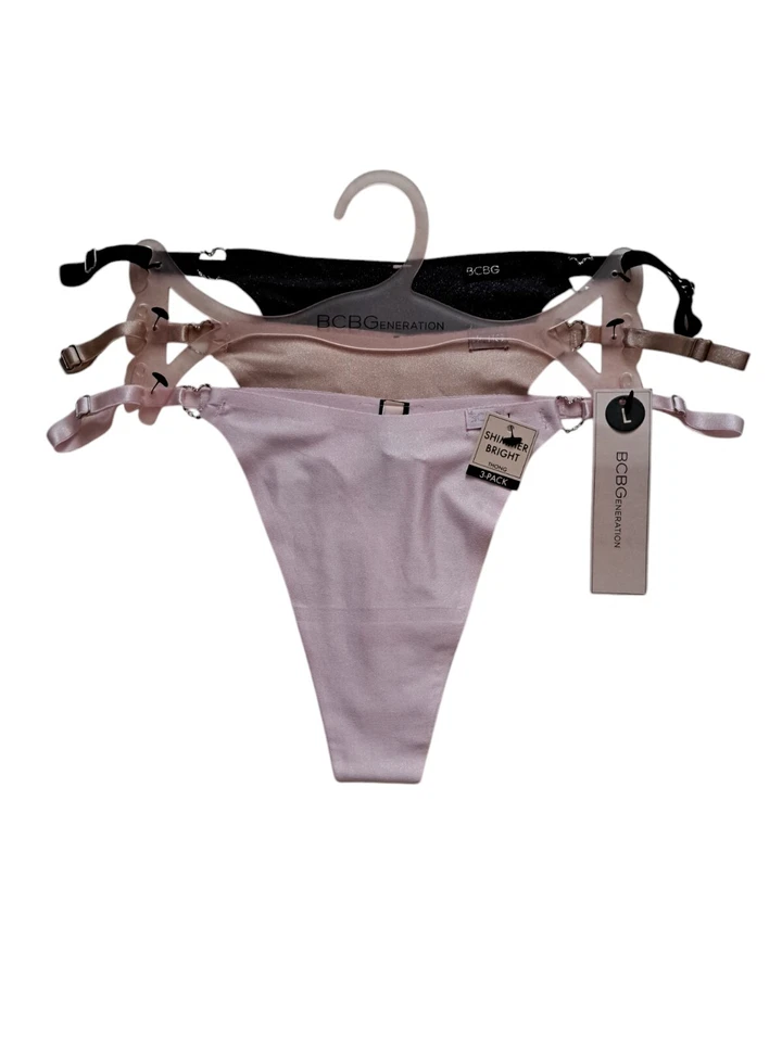 BCBGeneration 3 Pack Shimmer Bright  Thong Panties Black Beige Pink Size L. - Image 1 of 4