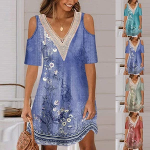 Womens Floral Cold Shoulder Mini Dress Summer Holiday Party Lace V-Neck Sundress - Picture 1 of 24