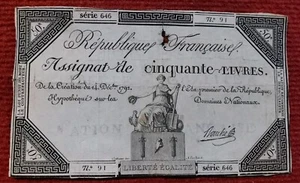 ASSIGNAT de CINQUANTE-LIVRES / Loi du 14 dec 1792 / Série 646 / signé BOUCHE - Picture 1 of 3