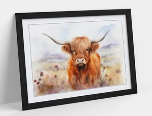 HIGHLAND VACA EN CAMPO ACUARELA 1 - ENMARCADO CARTEL DE ARTE DE PARED IMPRESIÓN PAPEL - Imagen 1 de 10