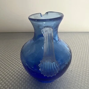 Vintage Cobalt Blue Crackle Glass Clear Handle Pitcher Creamer Hand Blown - Picture 1 of 5