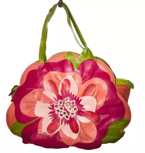 Braccialini Flower Appliqué Leather Top Handle Satchel Colored Handbag Vtg - Picture 1 of 16