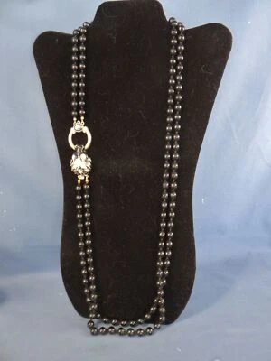 Vintage 2 Strand Panther Doorknocker Necklace 8mm Onyx Pearl Enamel & Rhinestone - Image 1 of 4