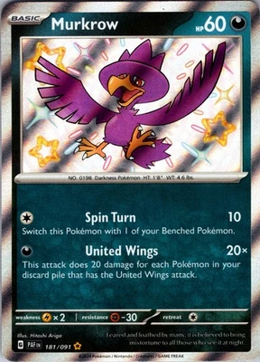 Murkrow 181/091 Paldean Fates Baby Shiny Rare Pokemon NM - Image 1 of 2