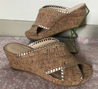 Jack Rogers Mujer 10M 2.75” Corcho Cuña Tacón Cuero Metálico Punto de Látigo Sin Cordones Foto 1 de 4
